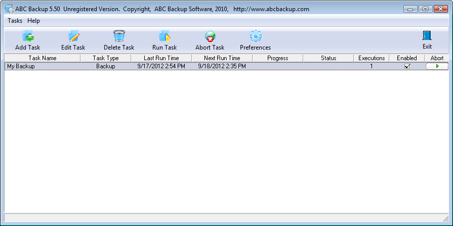 ABC Backup main screen