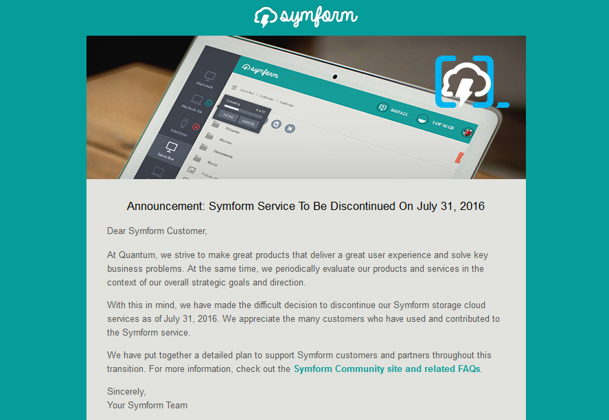 Symform Closure Notice
