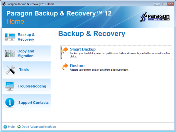 The Paragon Backup & Recovery Main Screen