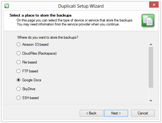 Duplicati supported cloud storage